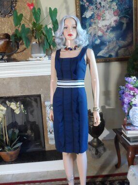 Carolina Herrera Navy Blue Ruffle Trim Sheath Dress Size 4